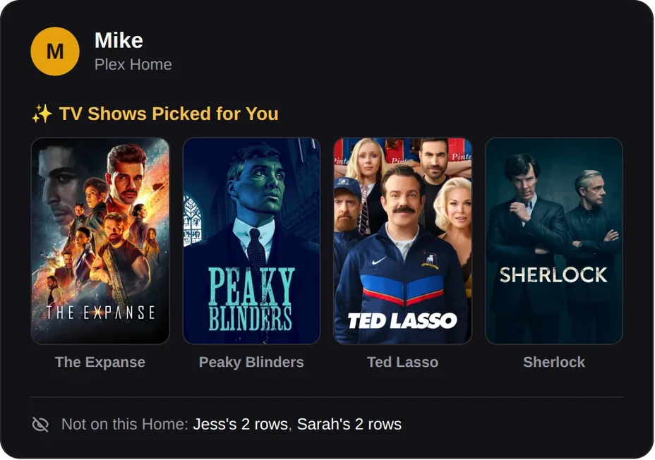 Mike's Plex Home. TV Shows Picked for You: The Expanse, Peaky Blinders, Ted Lasso, Sherlock. Footer: Not on this Home: Jess's 2 rows, Sarah's 2 rows.