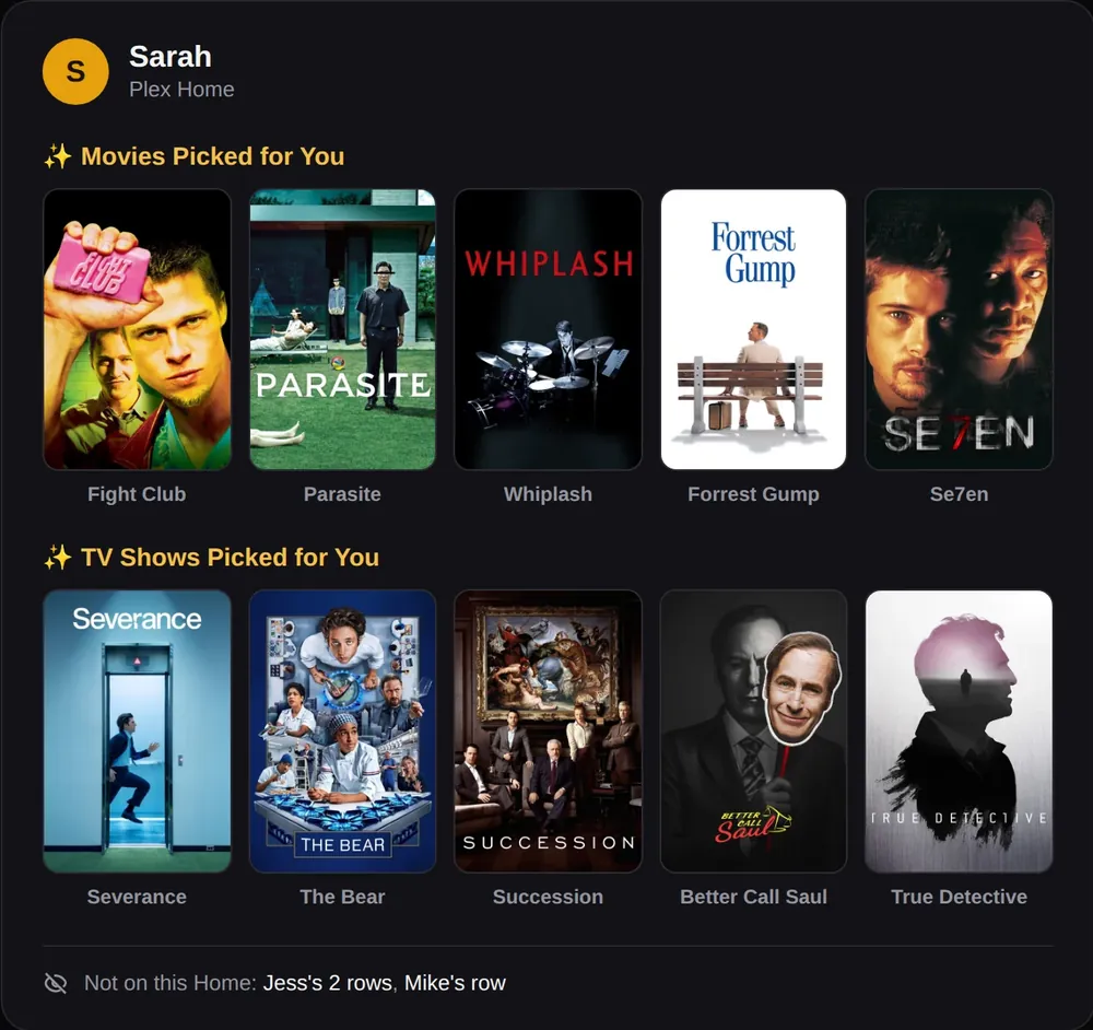 Sarah's Plex Home: Movies Picked for You (Fight Club, Parasite, Whiplash, Forrest Gump, Se7en) and TV Shows Picked for You (Severance, The Bear, Succession, Better Call Saul, True Detective).