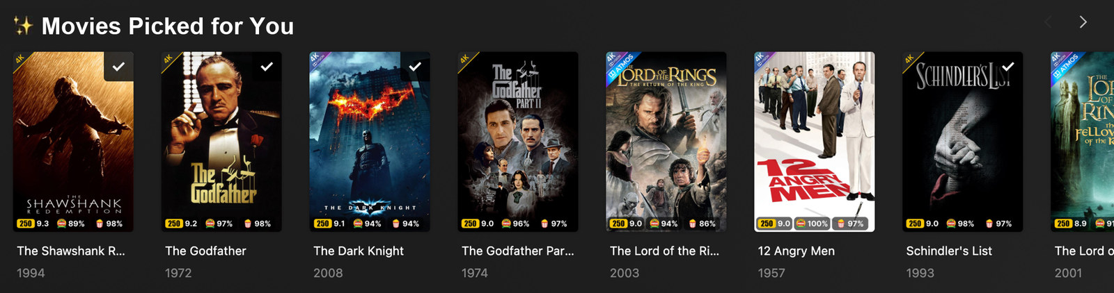 A Movies Picked for You row on Plex, filled with film posters