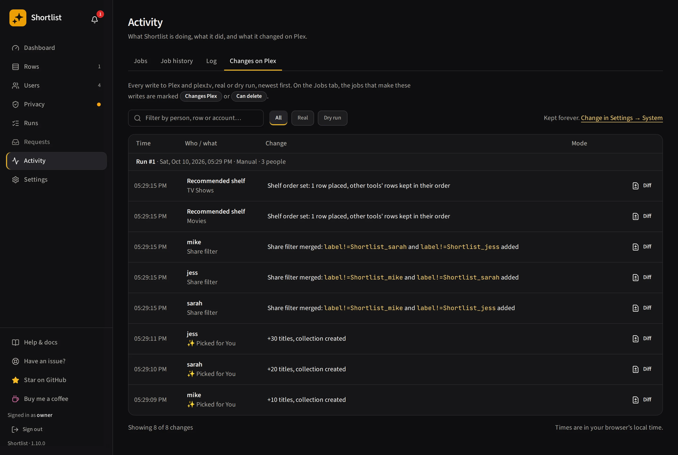 The Activity page on its Changes on Plex tab, listing each write to Plex with a Real or Dry run mode