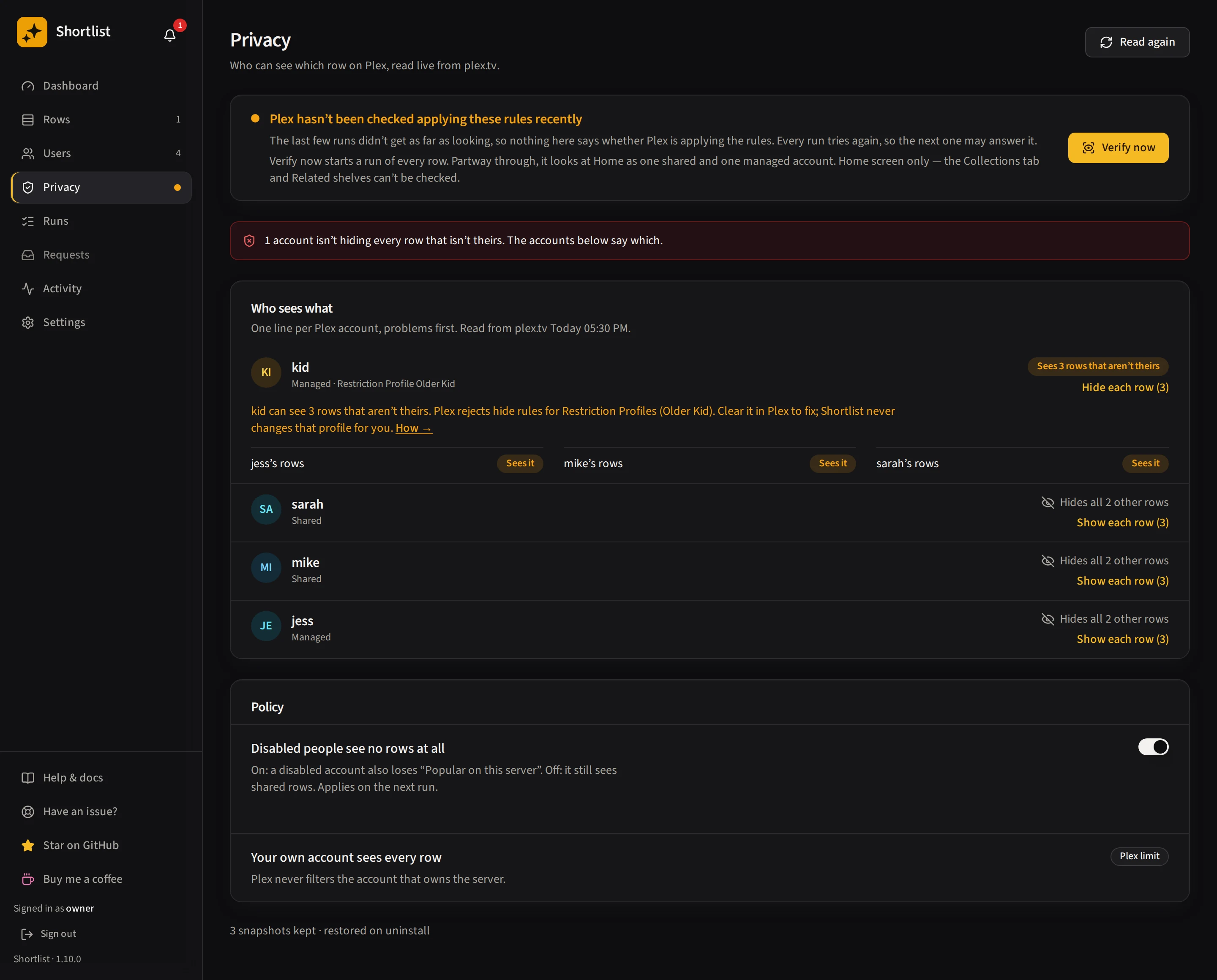 The Privacy page with its enforcement panel, a who-sees-what grid of Plex accounts and the Policy panel