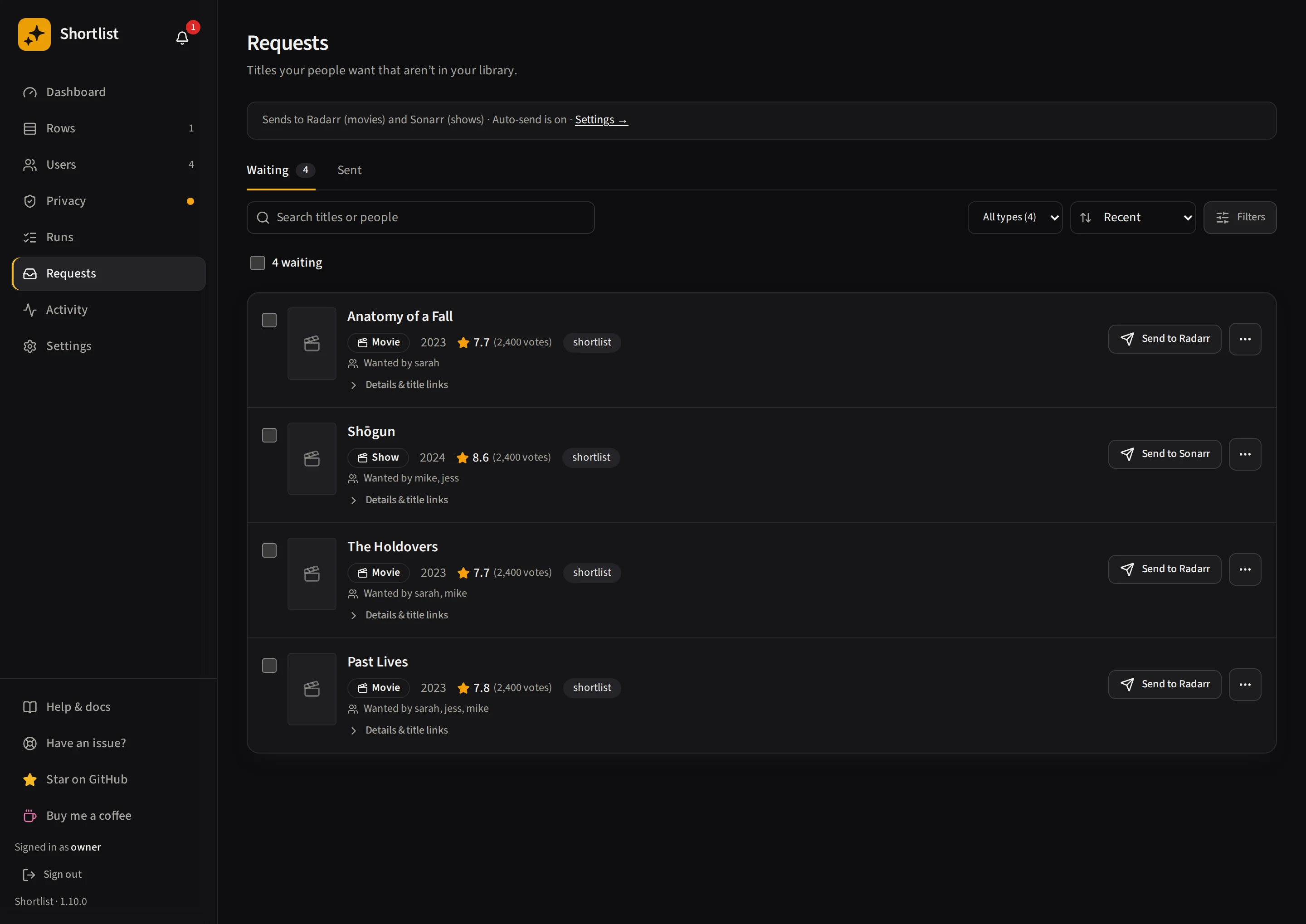 Requests with direct Send, Delete and Reject actions