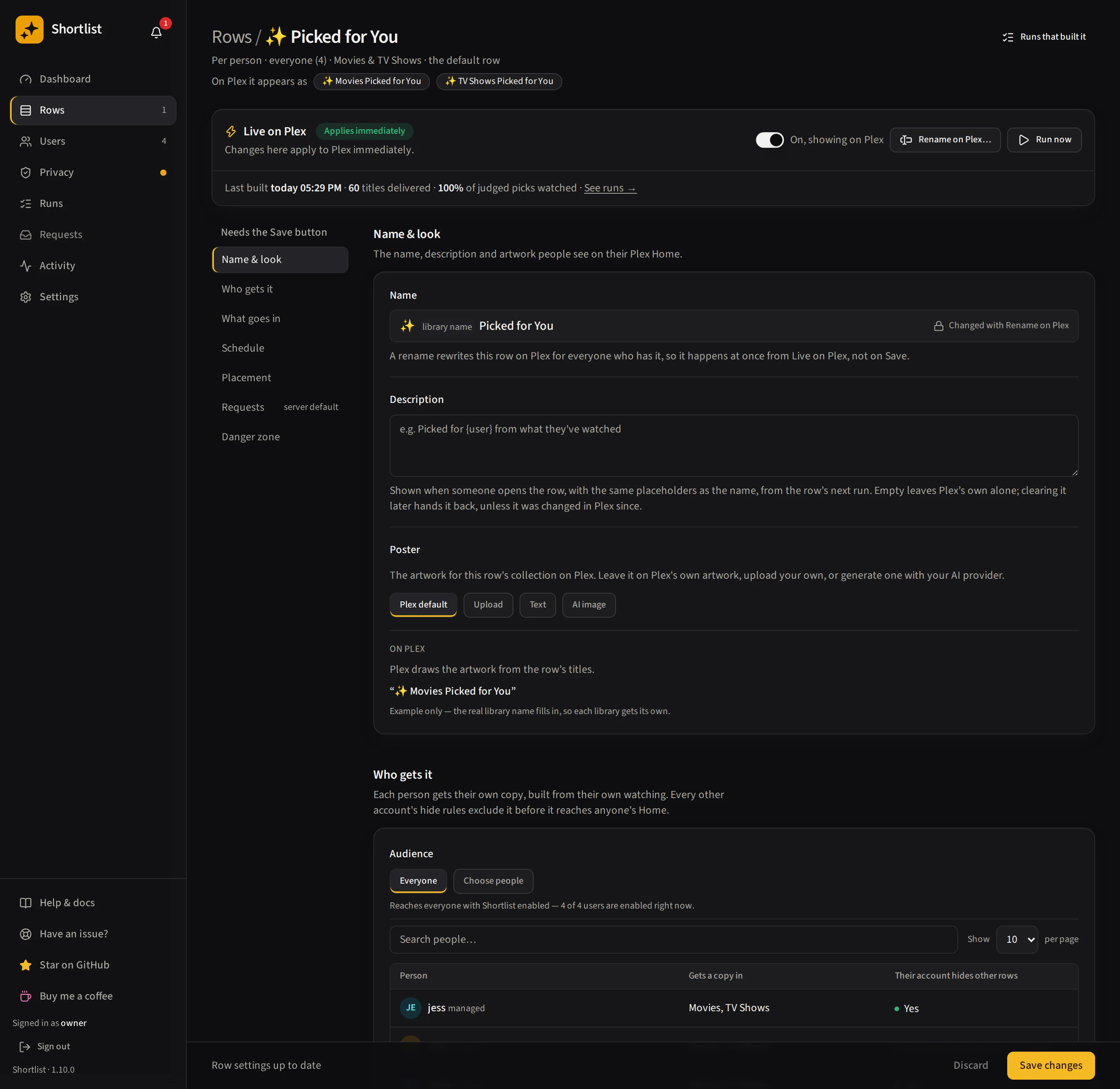The row editor with a jump list, the Live on Plex strip and the save bar