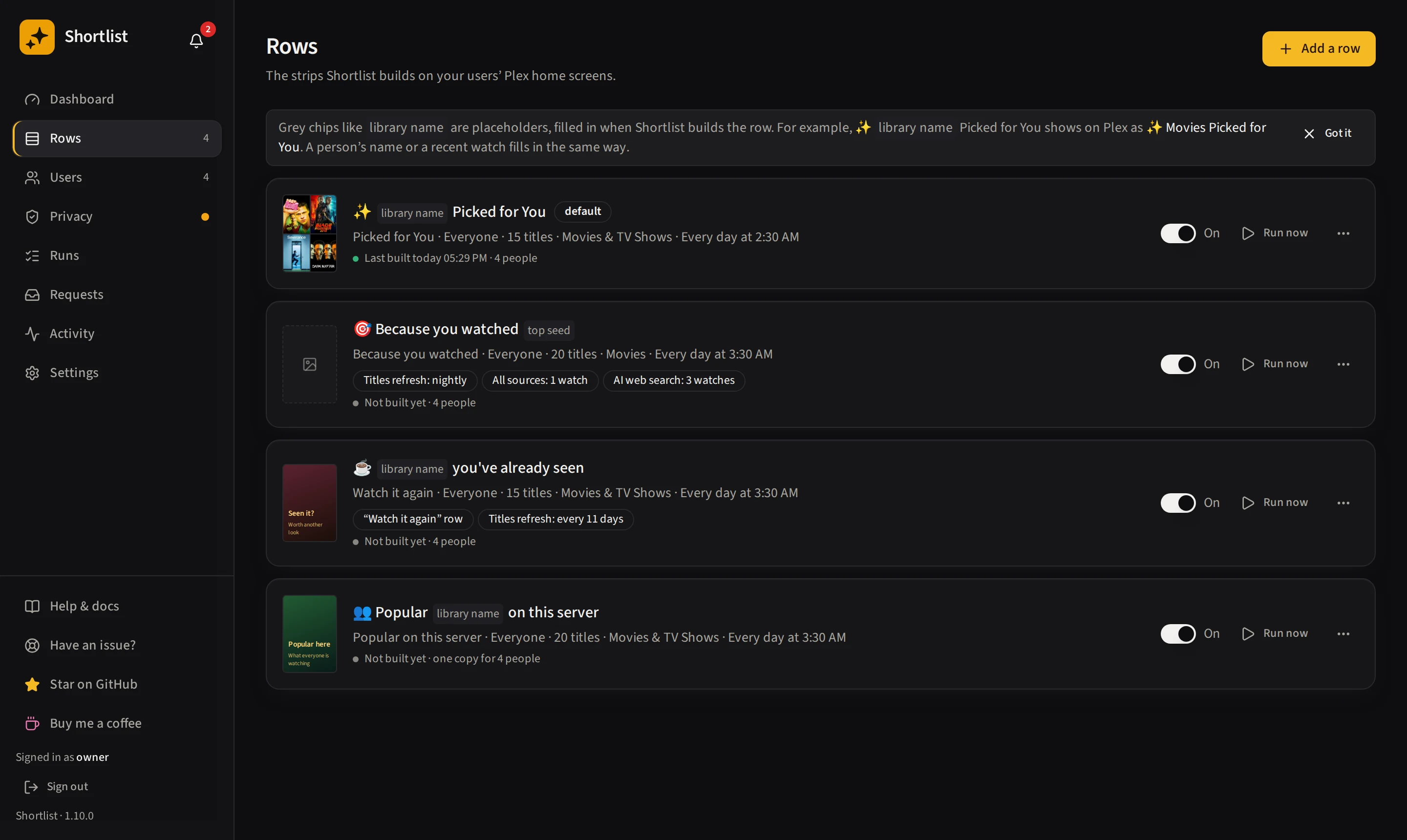 The Rows list, each row with a poster collage, an on/off switch, Run now and an overflow menu