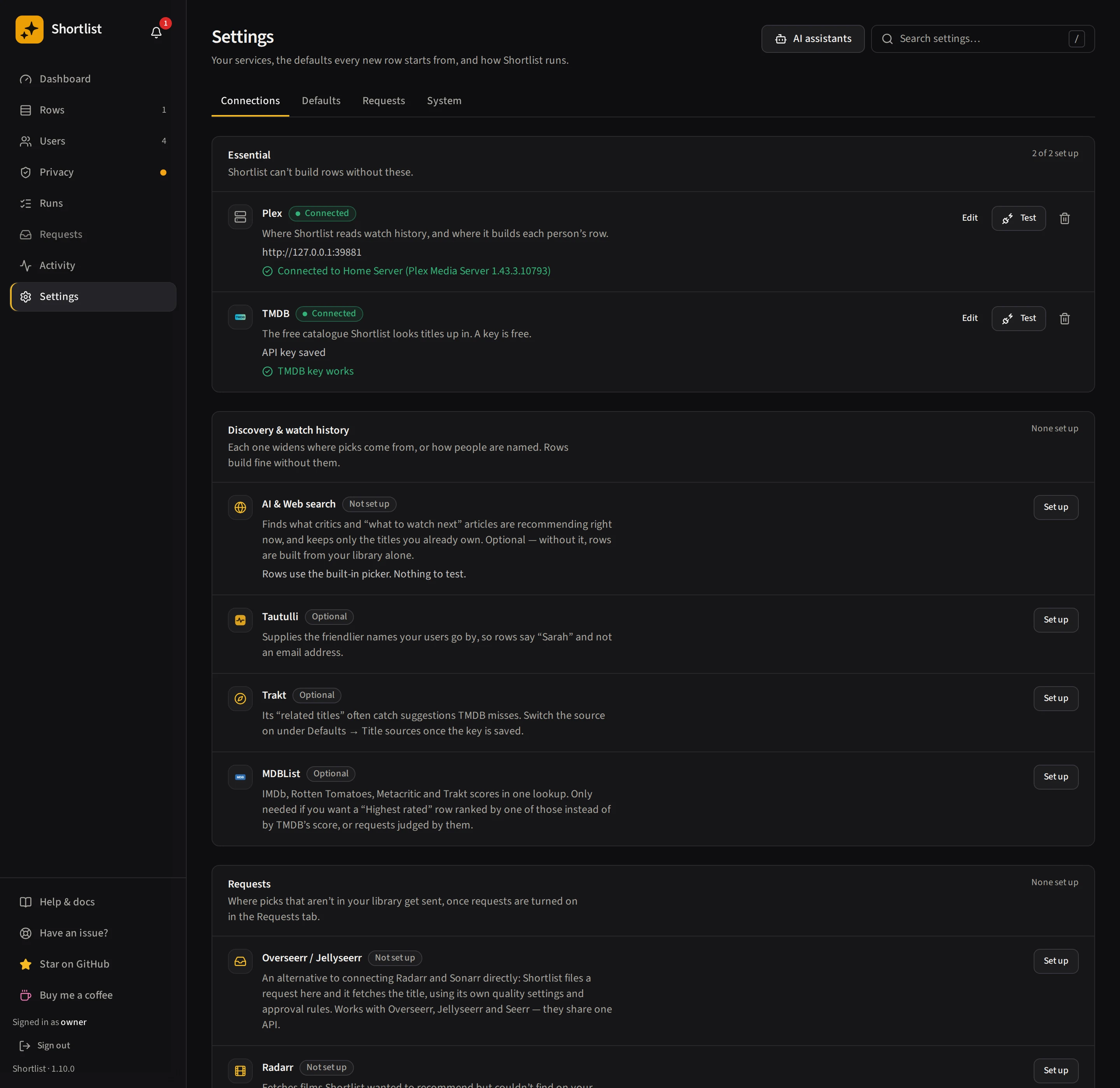 Settings with Connections, Defaults, Requests and System tabs and a search box
