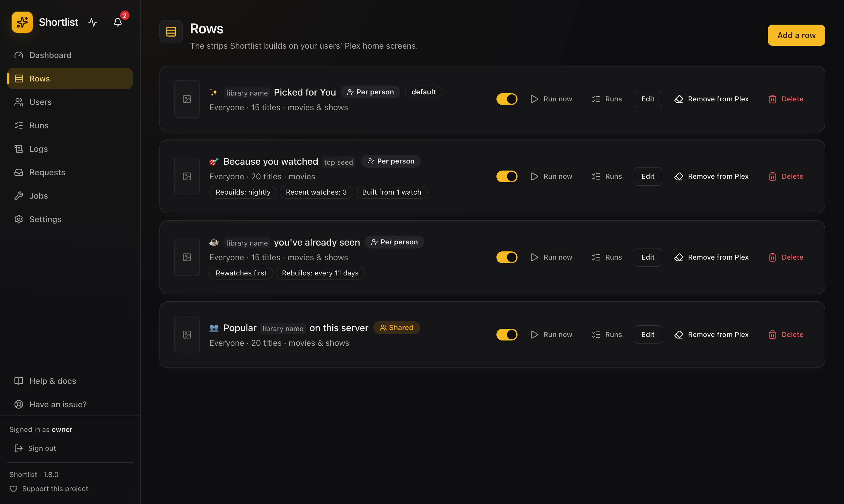 The Rows page listing four configured rows: the default Picked for You row, a Because you watched row, a rewatch row, and one shared row