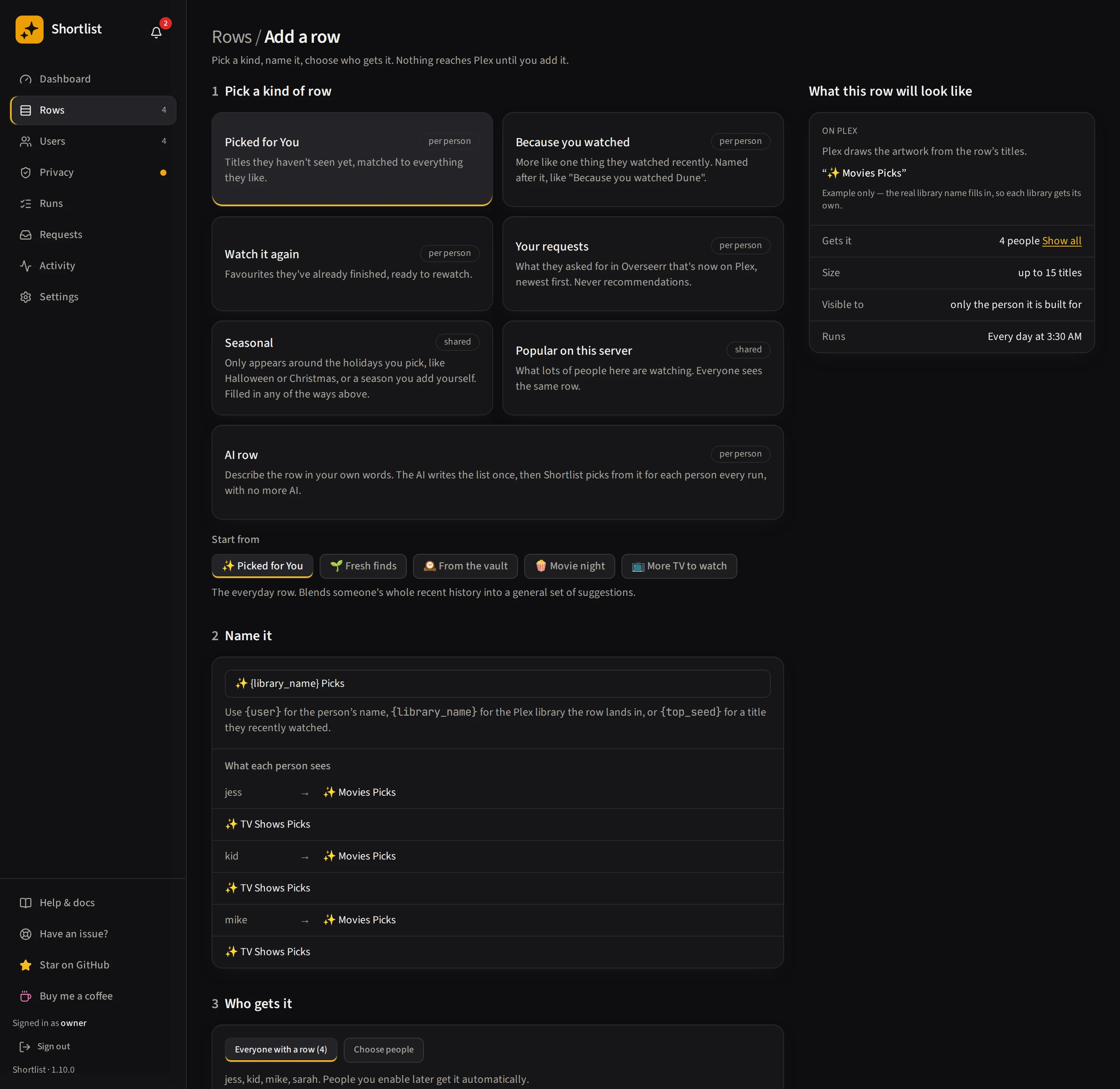 The Add a row page: the row kinds to pick from, starting templates, the name each person sees, and a preview of the row on Plex.