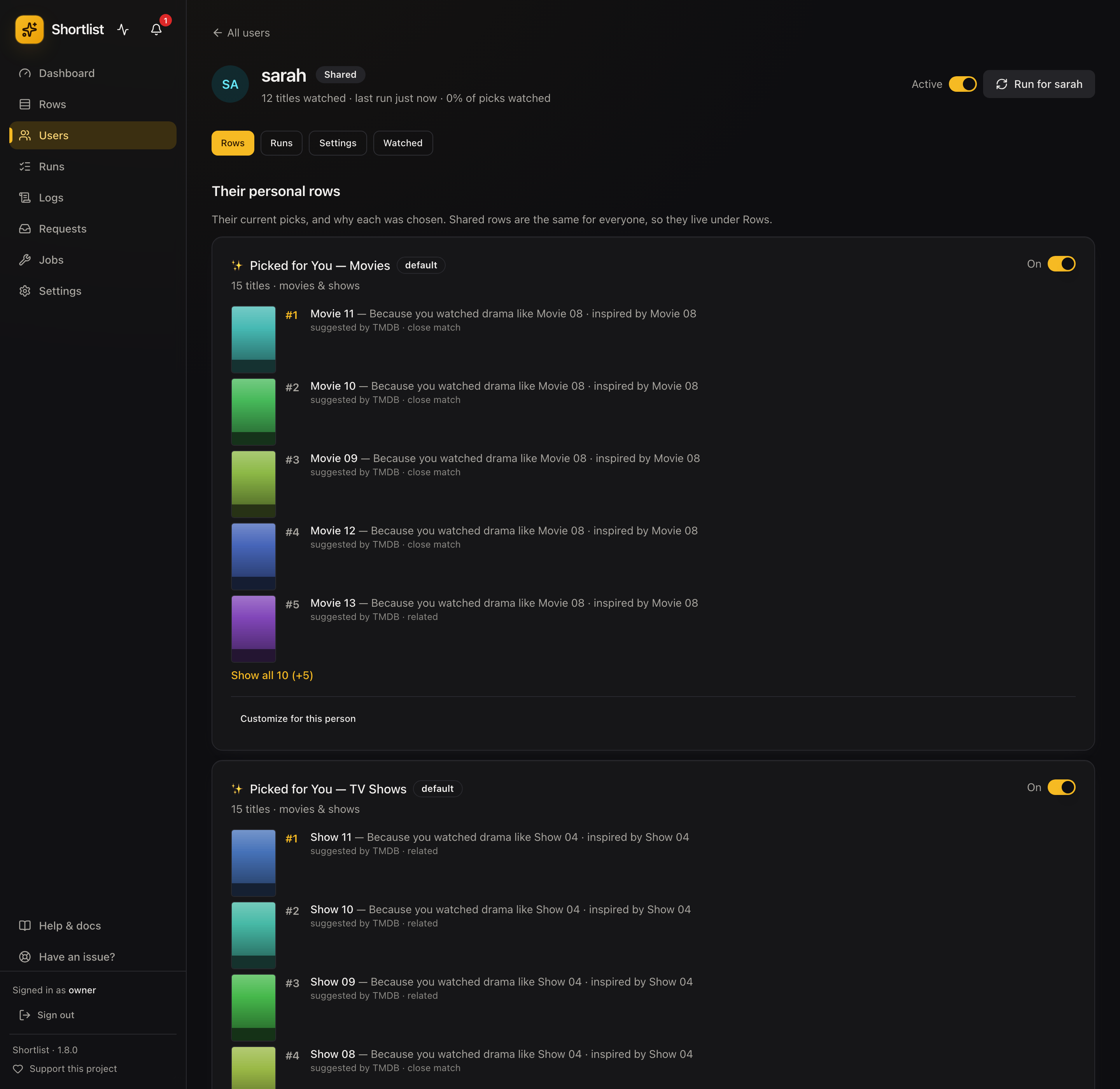 A user detail page listing that person's ranked picks, each with the title that inspired it
