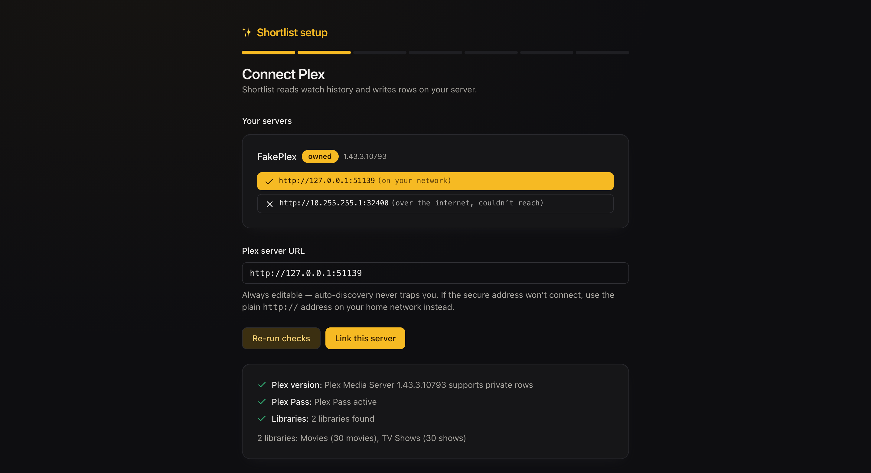 The setup wizard's connect step, showing a Plex sign-in and the servers found on that account