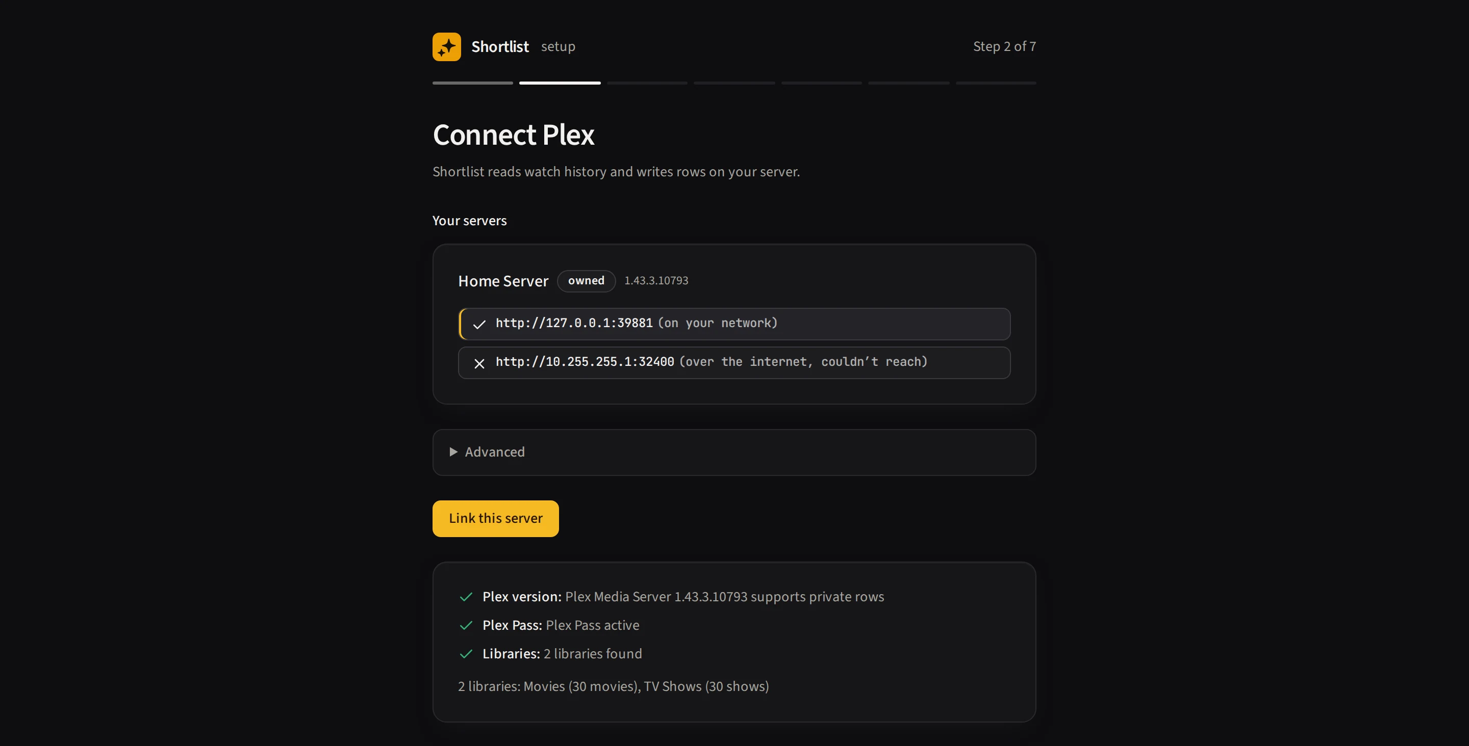 The Connect Plex step after running checks: the discovered server with its reachable and unreachable addresses, and a checklist confirming the Plex version, Plex Pass and two libraries