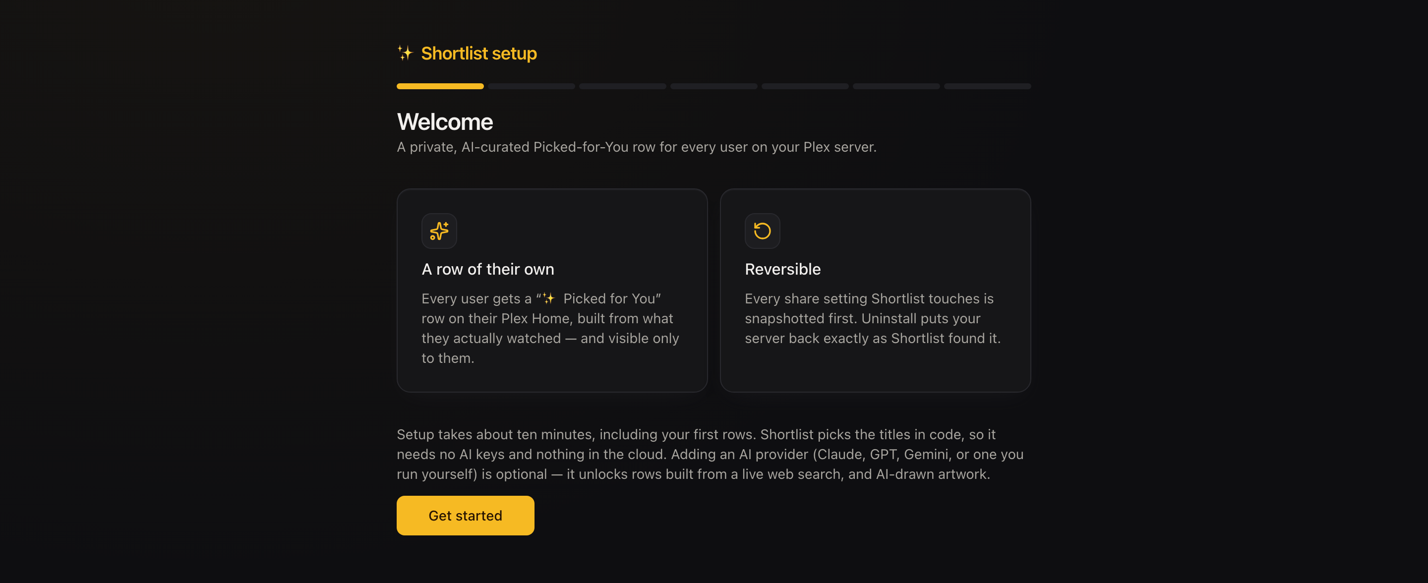 The Shortlist setup wizard on its Welcome step, with a seven-segment progress bar and a Get started button