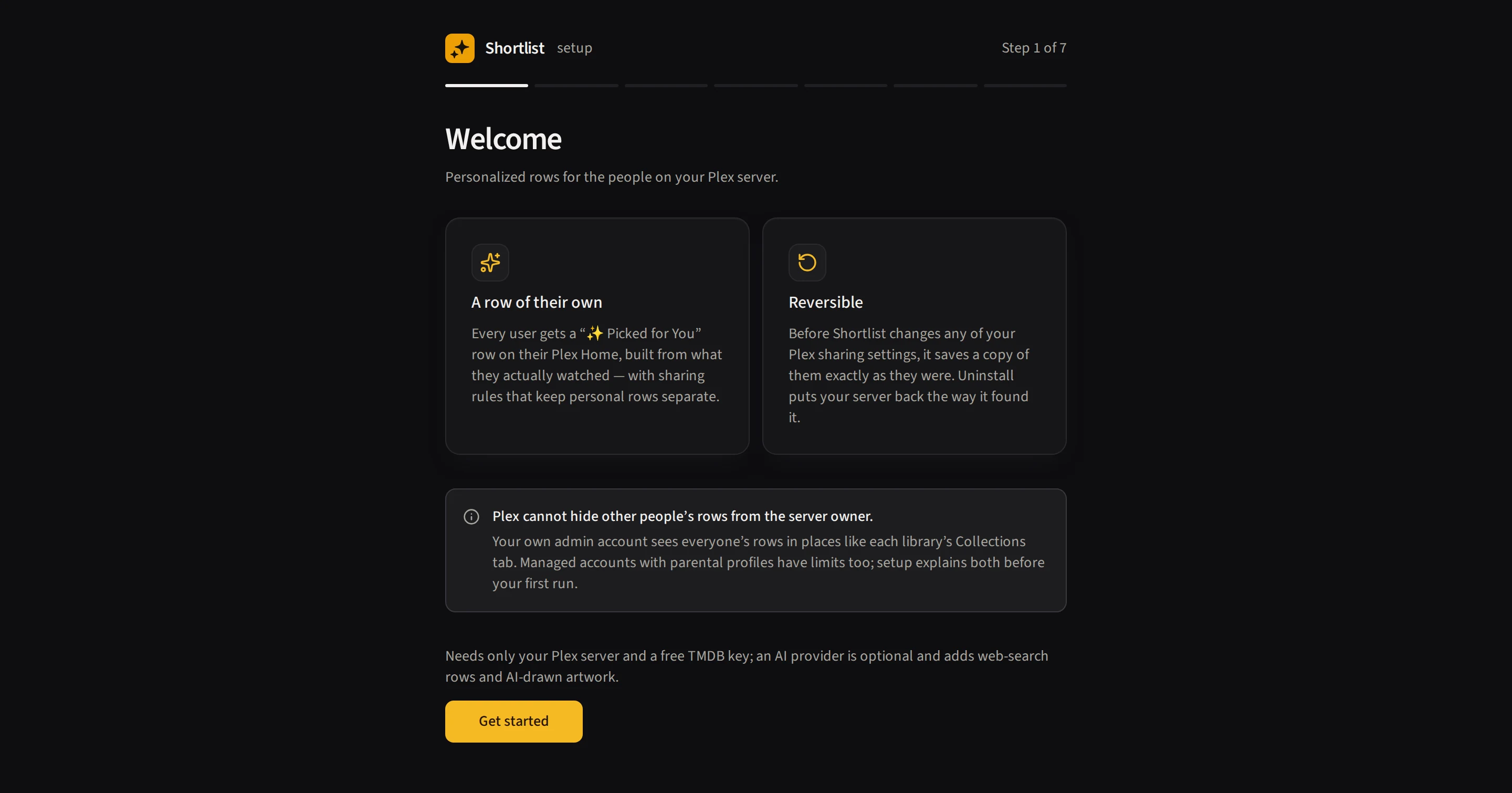 The Shortlist setup wizard on its Welcome step, with a seven-segment progress bar and a Get started button